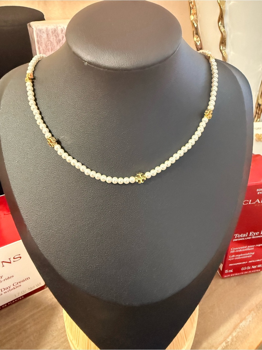 Tory Burch White Pearl Necklace with Gold Logo Accents